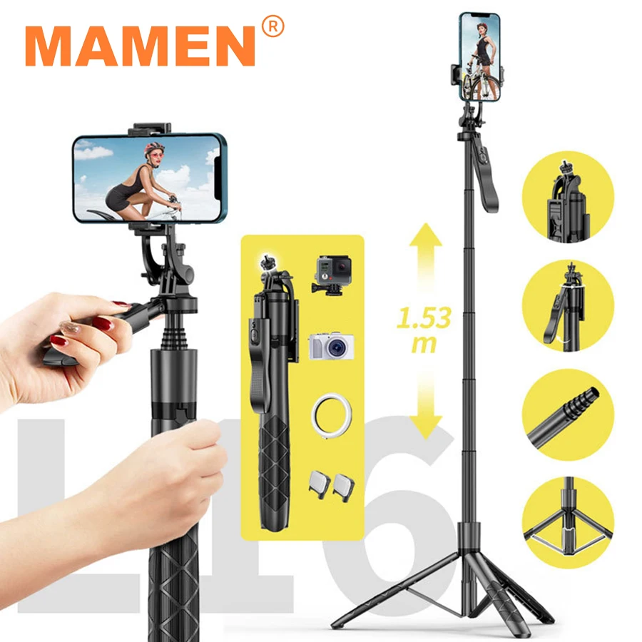 MAMEN 153cm Retractable Selfie Stick Phone Tripod Balance Stand with Double LED Light for Android iPhone Bluetooth Compatible