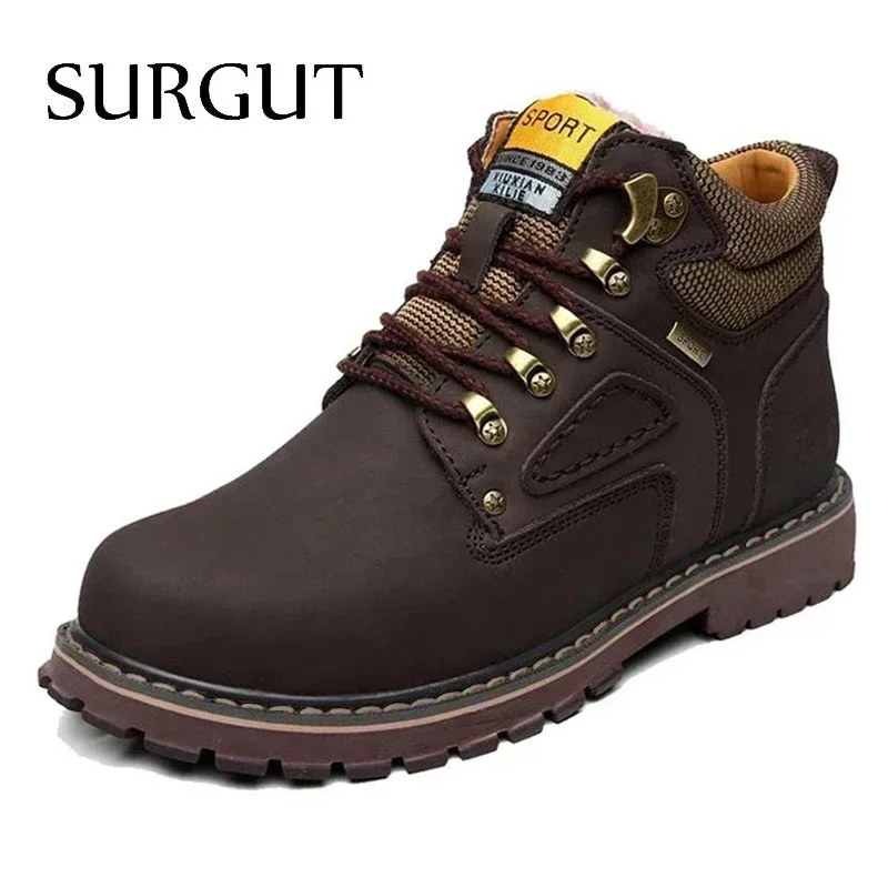 

SURGUT Brand Super Warm Men's Winter Leather Men Waterproof Rubber Snow Boots Leisure Boots England Retro Shoes For Men Big Size