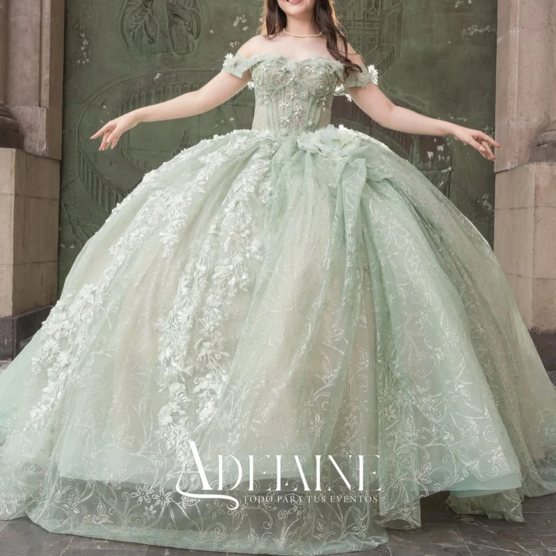 

Light Green Shiny Ball Gown Quinceanera Dresses Applique Flower Beading Crystal Tull Corset Off The Shoulder Sweet 16 Dress