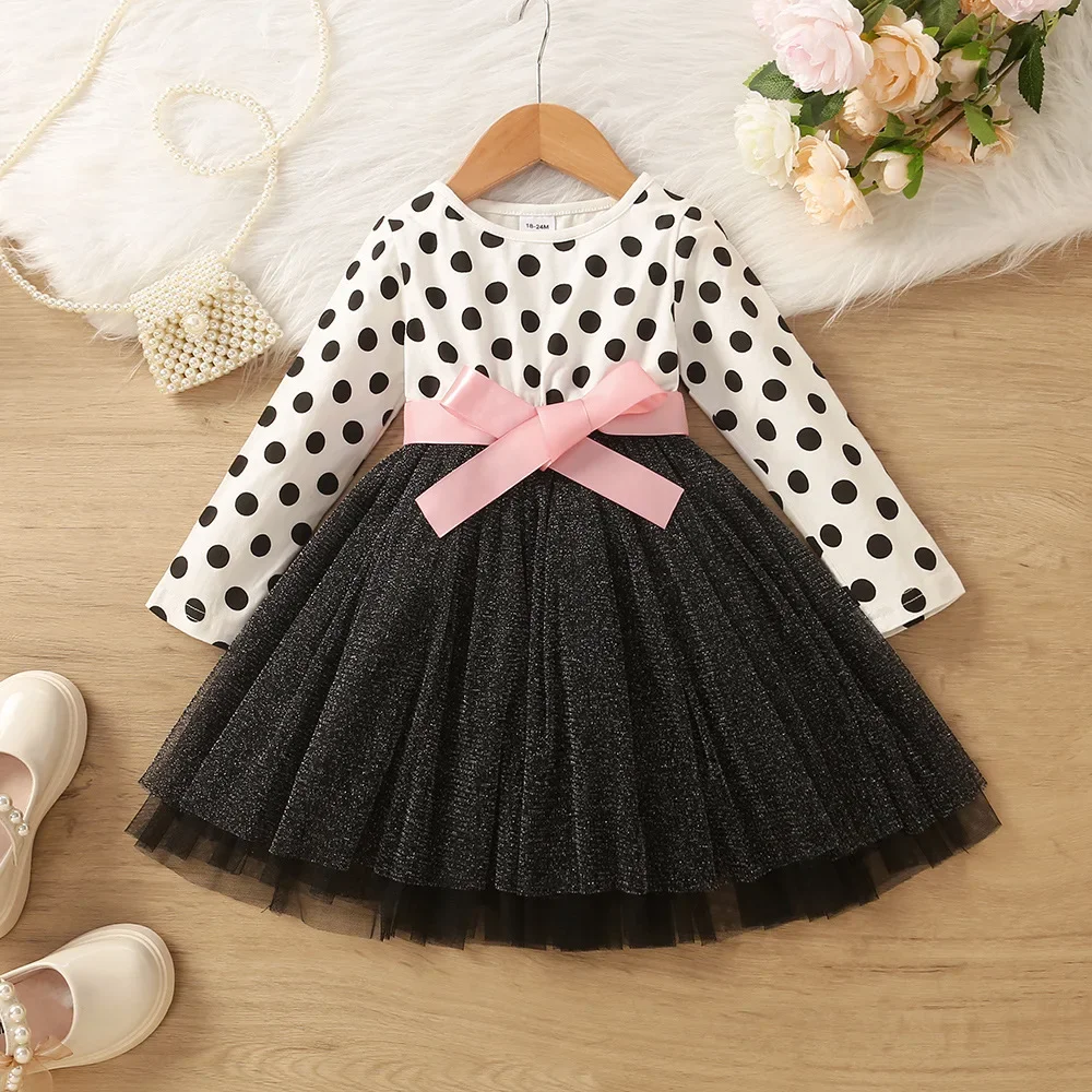 3-8 Years Kids Girls Dress Long Sleeve Polka Dots Mesh Patchwork Dress for Girls Birthday Party Evening Dress Autumn Clothes