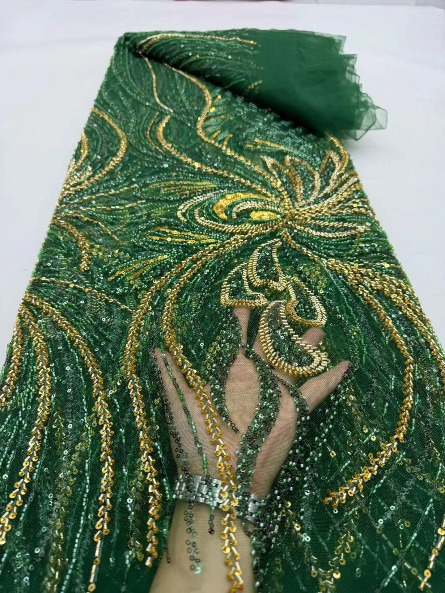 

Latest Beaded Sequins Green French Lace Fabric 2026 High Quality Handmade Beads African Nigerian Lace Fabric For Party