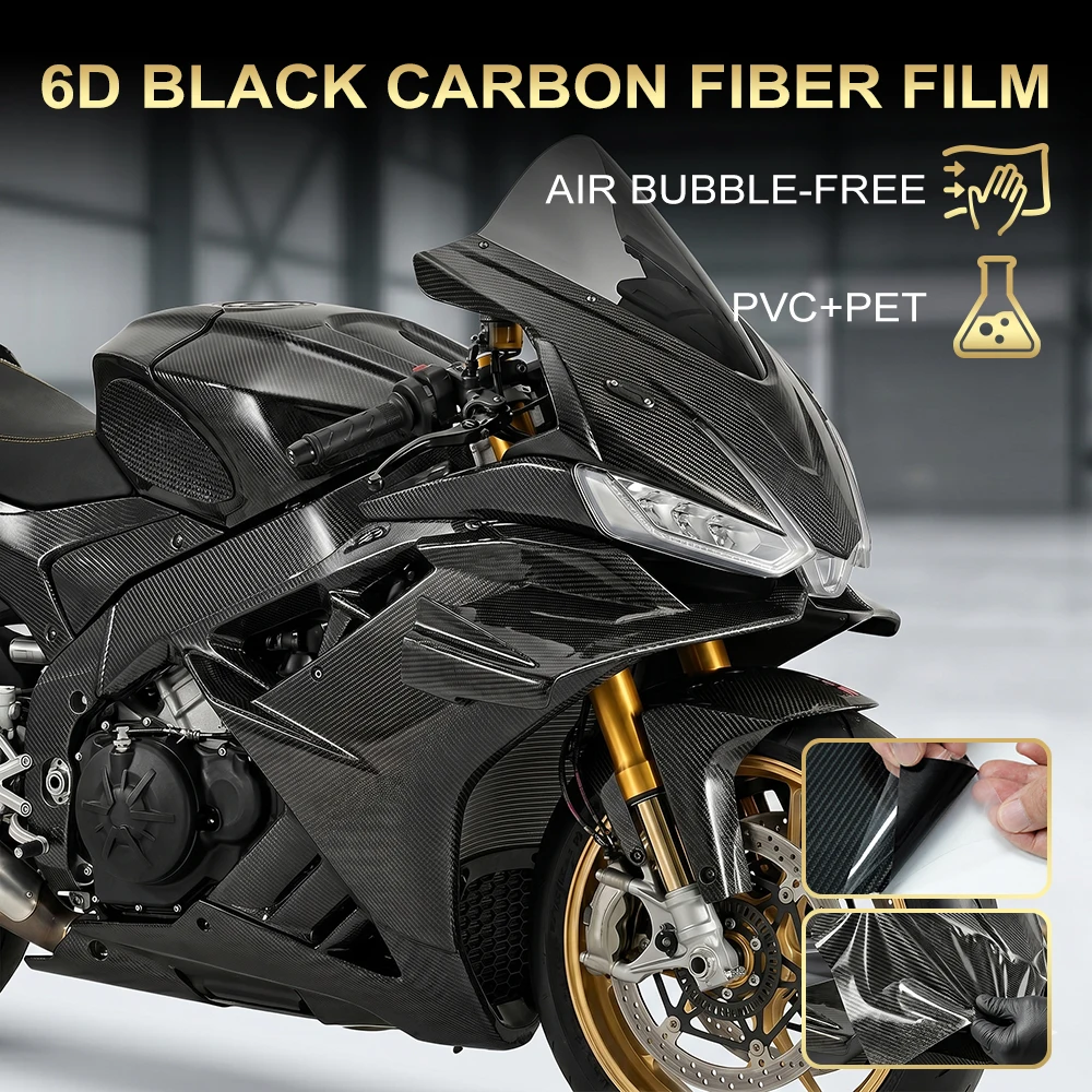 6D Carbon Fiber Black Motorcycle Body Film Black PET Vinyl Wrap Motorcycle Sticker Protective Film Cover Foil Decor Accessories view 3