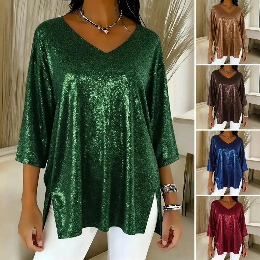 ファッションキラキラスパンコールTシャツ女性用大きいサイズ半袖スパンコールプルオーバートップスクラブパーティーゆったりフィットソフト快適Tシャツトップス