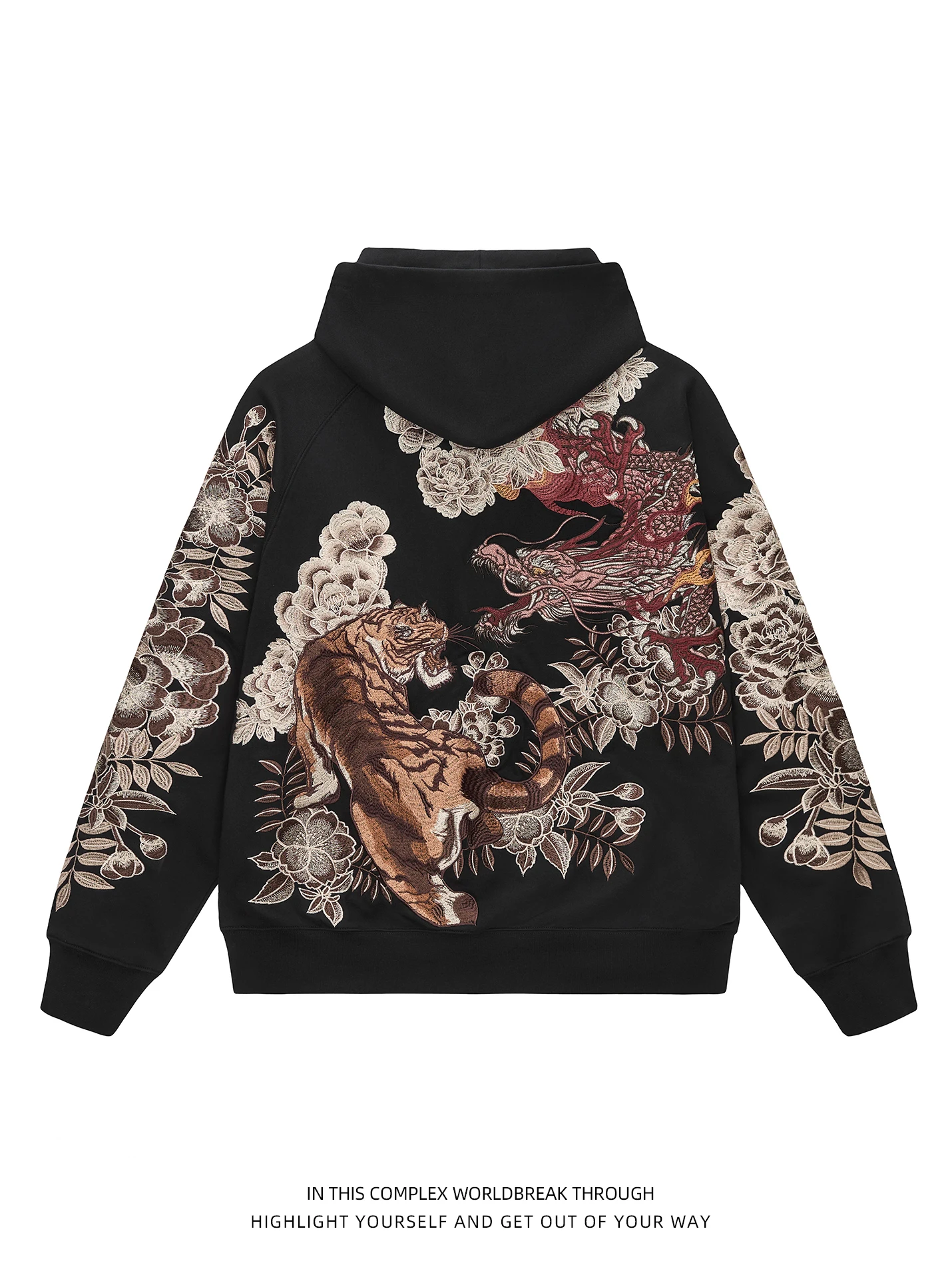 Jaqueta com Capuz de Algodão Puro com Bordado Pesado, Zíper, Moda Casual para Homens e Mulheres, Estampa de Tigre, Tendência ...