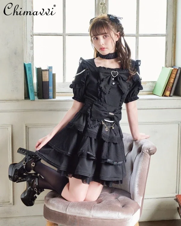 Japanese Liz Mine Series Mass-Produced Sweet Big Bow Neck Band Bottoming Shirt Autumn Girly Short Sleeve Pullover Lolita Top