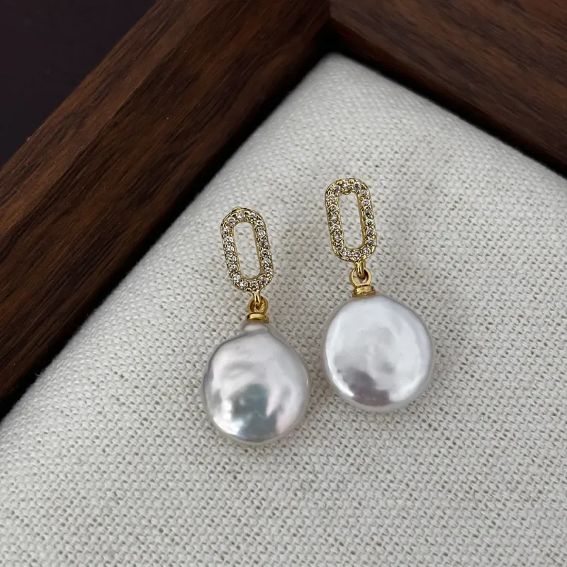 Full diamond rectangular tag baroque flat pearl earrings light luxury niche special-shaped pearl long commuter earrings women