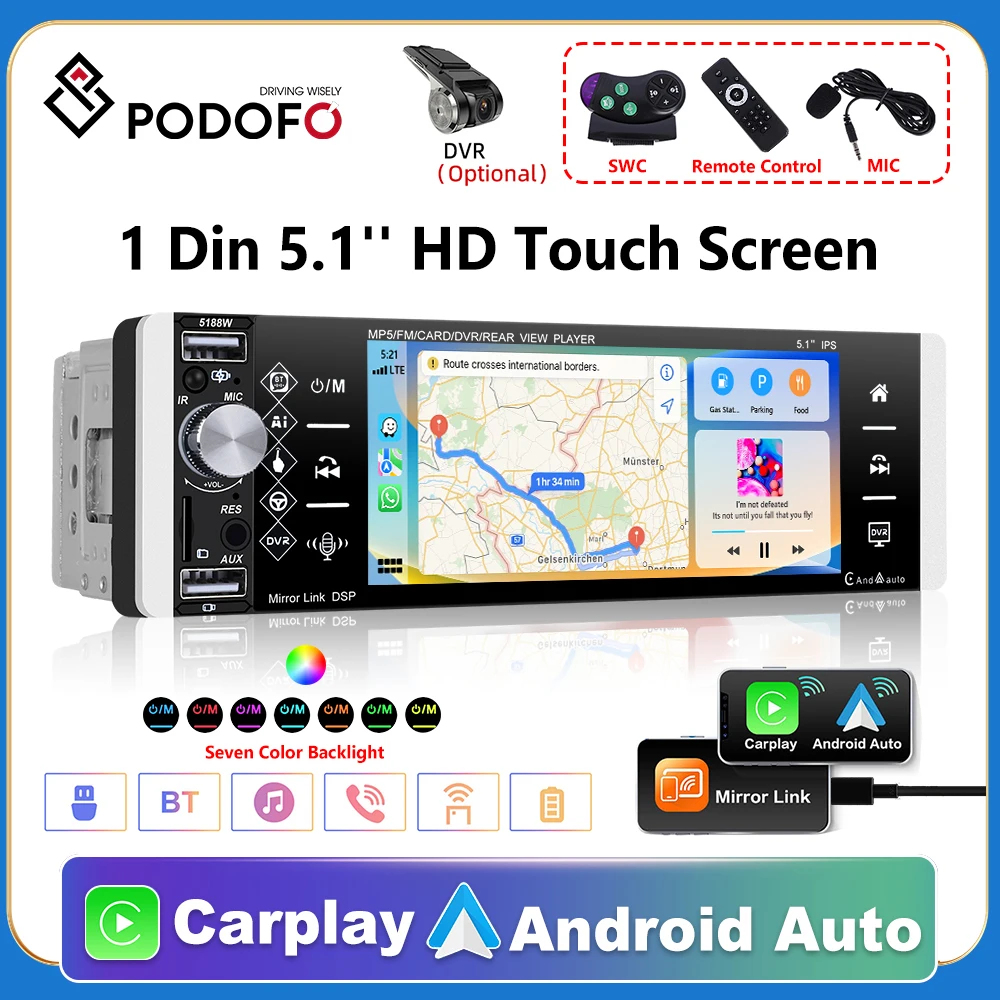 

Podofo 1 din Carplay Android auto Car Mp5 Player 5.1'' HD Touch Screen with Bluetooth FM Radio Support TF/USB Rear View Camera
