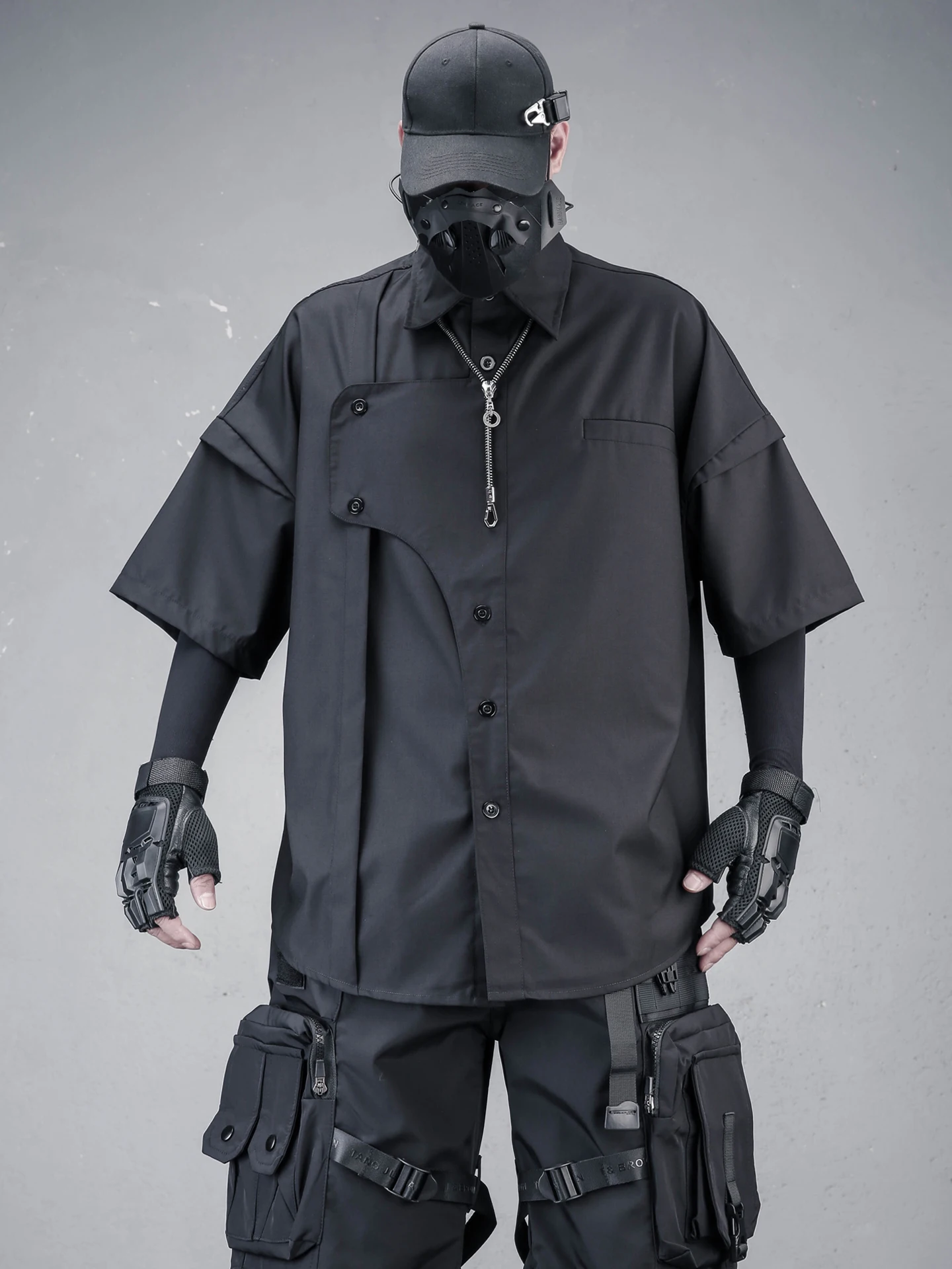 

Loose Fit Short Sleeve Shirt Deconstructed Workwear Style Unisex Summer Multi Pocket Functional Half Sleeve Shirt Dark Mounta...