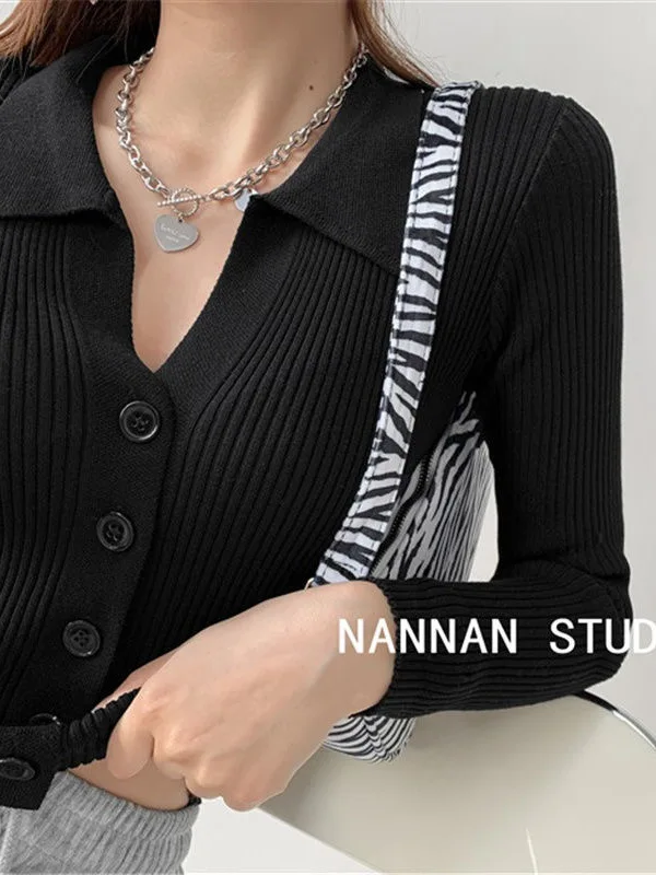 

Корейский вязаный свитер Sle Bla Ne, женский, новинка 2025, маленький облегающий топ с длинным светом и отложным воротником