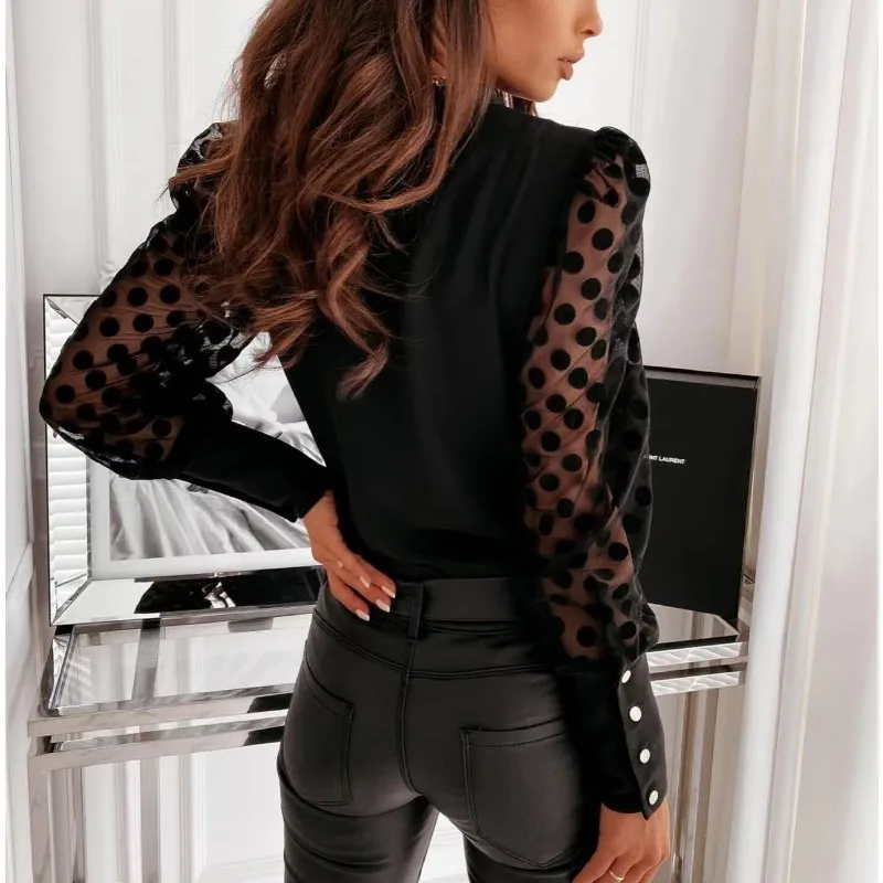 Spring Women\'s Casual Lace Shirt/chiffon Shirt Fashion Stand Up Collar Solid Color Lace Dot Long Sleeved Commuting Chiffon Shirt