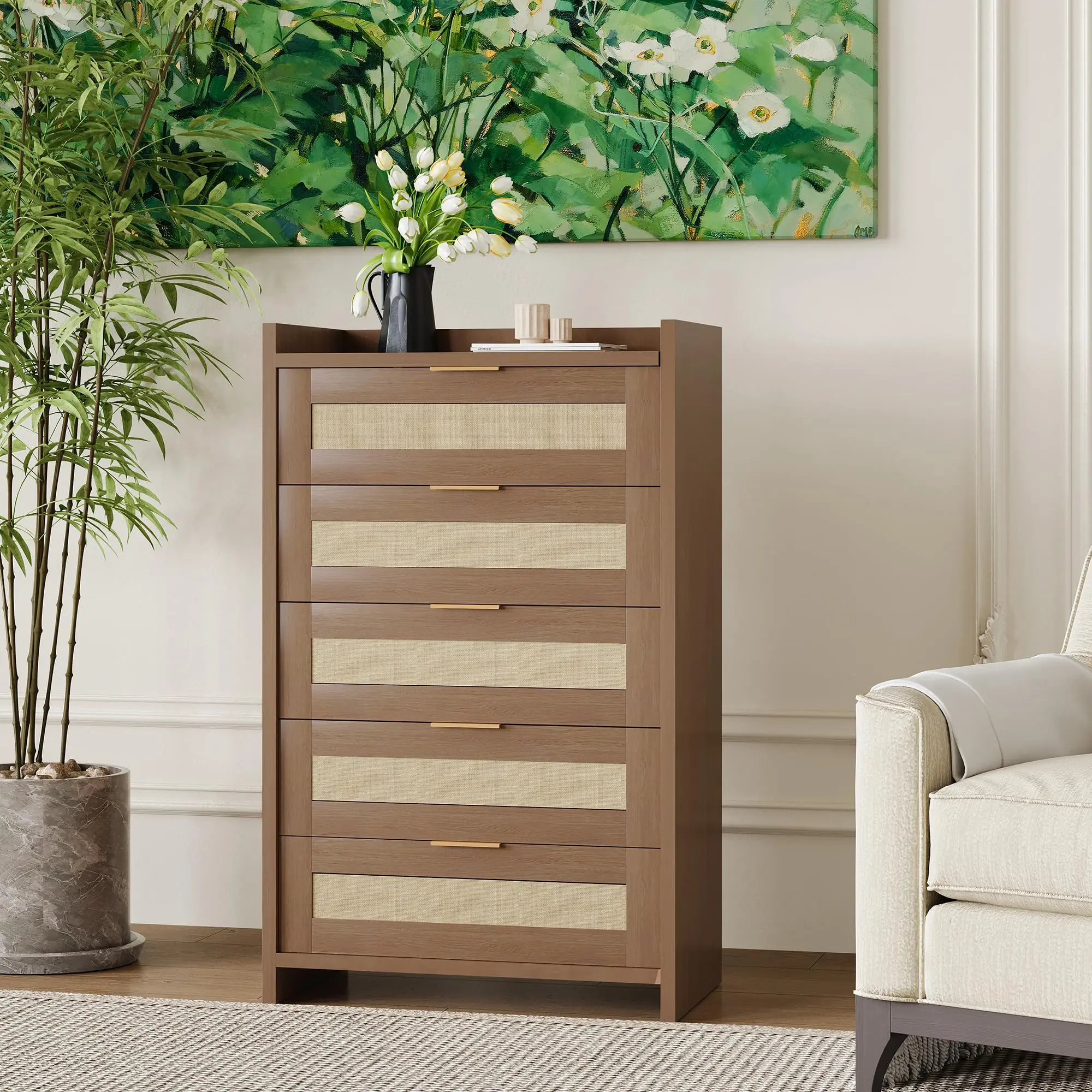 5 Drawer Rattan Dresser, Wooden Bedroom Chest of Drawers, 46