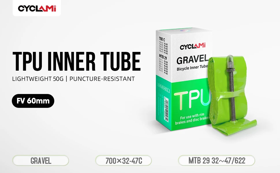 CYCLAMI Verbesserte Metallventil-Schlauchreifen für Rennräder und Mountainbikes, 29 Zoll, TPU, 700x32-47C, FV 60mm, mit herausnehmbarem Ventilkern – Detail 1