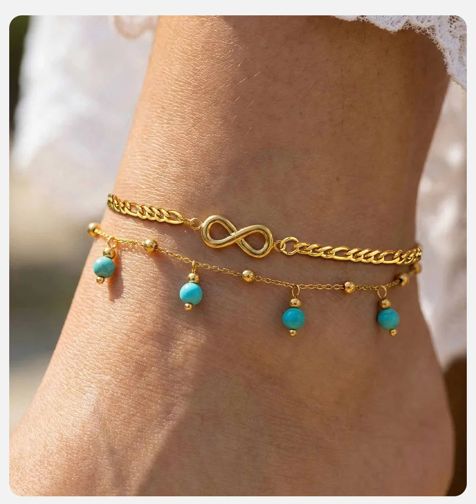 Vnox Neues Boho Doppellagiges Infinity Damen-Fußkettchen aus Edelstahl, Vergoldet, Sommerschmuck für den Strand – Detail 2