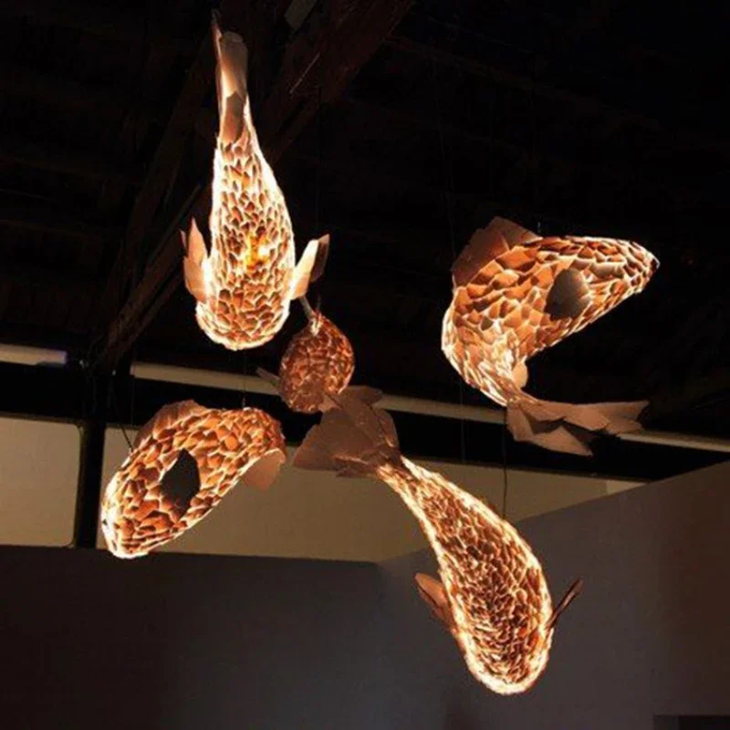 Fish Shaped Wooden Chandelier New Chinese Restaurant Living Roomretro Hotel Homestay Decoration Japanese Carp Hanging Lights