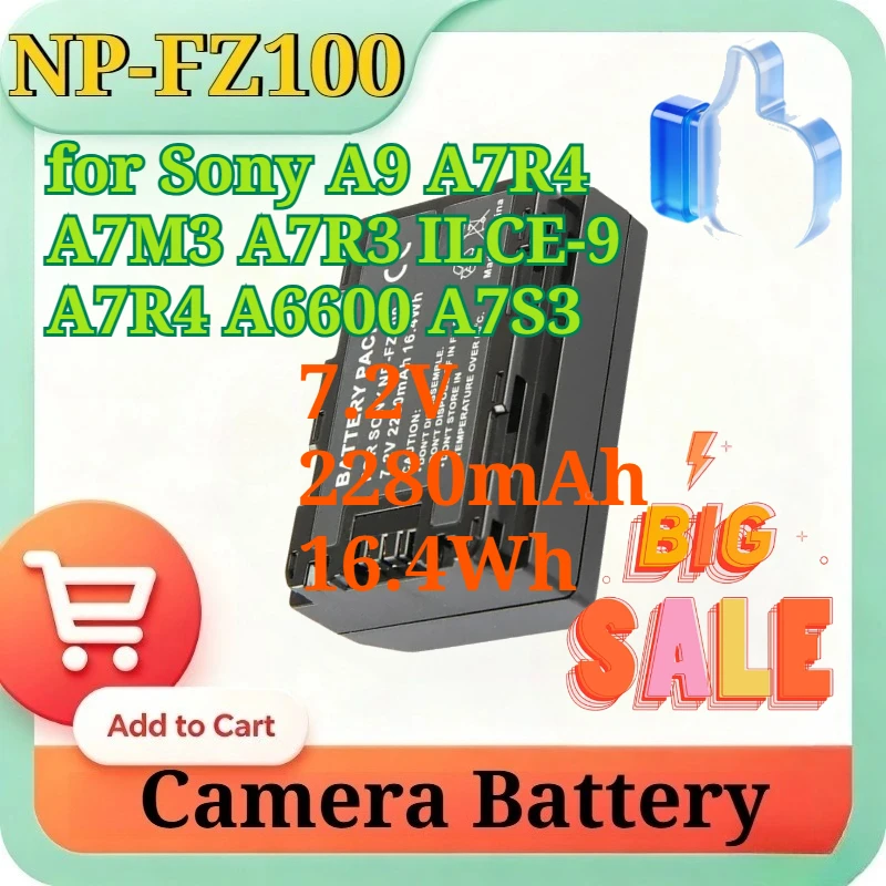 NP-FZ100 7.2V 2280mAh 16.4Wh High Capacity Li-ion Replacement Camera Battery for Sony A9 A7R4 A7M3 A7R3 ILCE-9 A7R4 A6600 A7S3