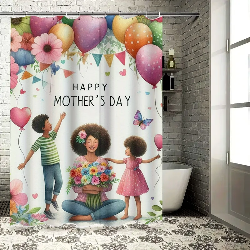 Charming Mother's Day Design with Balloons and Flowers Waterproof Shower Curtain for Modern Bathroom Decor