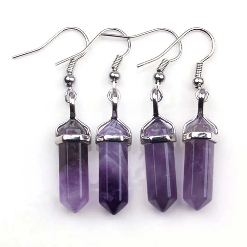 Crystal Quartz Hexagon Column Stone Earrings For Women Girls Natural Amethyst Lapis Lazuli Gemstone Dangle Hook Earring Jewelry