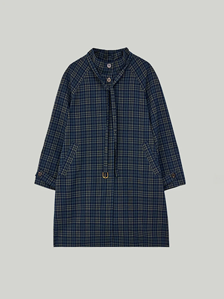 Retro Brytyjski Płaszcz w Kratę Casual Damski Wczesna Jesień 2025 Nowy Ele Klasyczny Płaszcz Średniej Długości Luźny Poliester Długi Rękaw