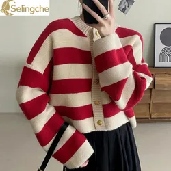 Korean Autumn and Winter Retro Simple Round Neck Metal Single Breasted Contrasting Striped Long Sleeved Knitted Cardigan Sweater