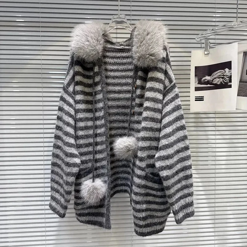 Striped Hooded Knit Cardigan Women Vintage Long Sleeve Loose Casual Sweater Streetwear Harajuku Lazy Wind Hottie Baggy New Tops
