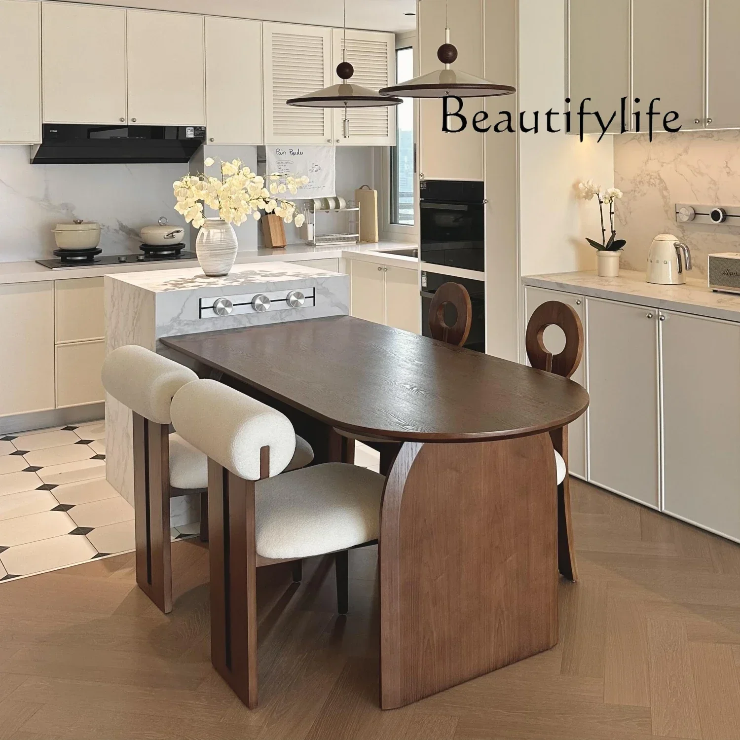 

H S Retro Style Solid Wood Dining Table And Chairs Oval Peninsula Table French Living Room Small Apartment Long Dining Table