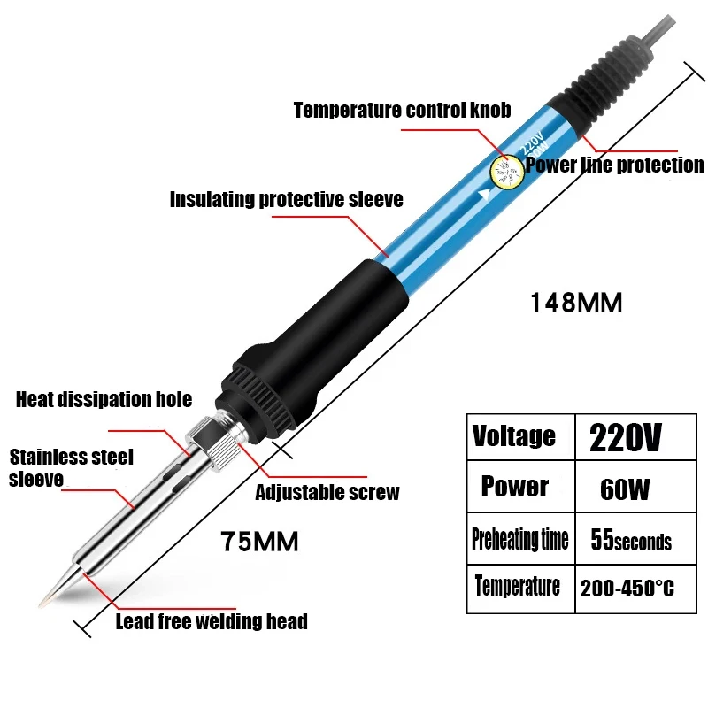 60 Вт, 220 В, ЕС, электрический паяльник с регулируемой температурой, припой, оловянная сварка, припой, нагревательный наконечник, инструмент для