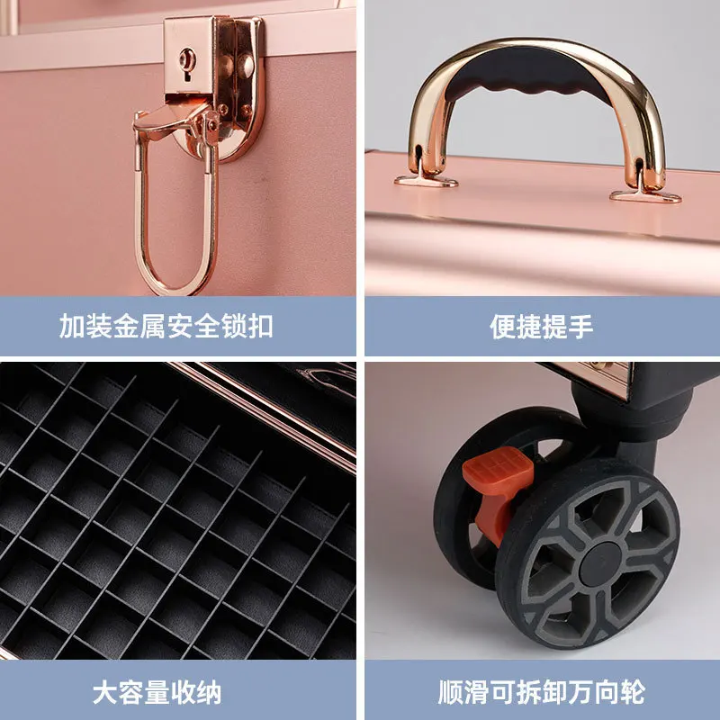 Professional nail art case, makeup case with wheels, multi-layer tool box for makeup artists, and multi-functional tool box for