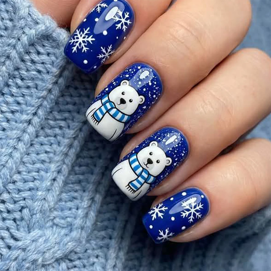 24-Piece Set of Winter Christmas Polar Bear Snowflake Press-On Nails, Blue Base Cartoon Fake Nails, Complete Set with Jelly Glue Nail Stickers and Nail File