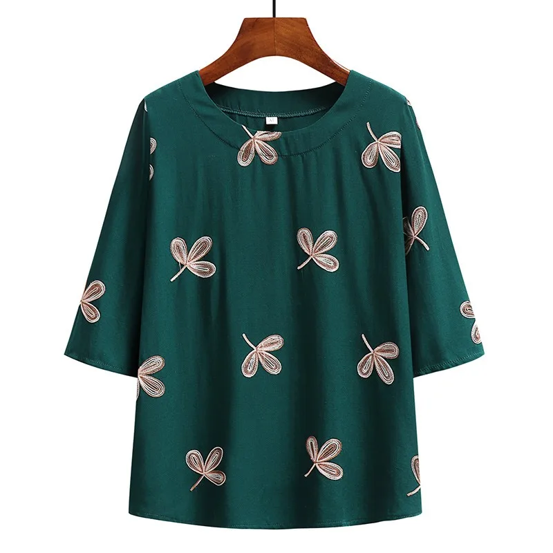 

Leisurely Embroidered Top Large Size Loose Cotton and Linen Suit Women Middle-aged and Elderly Medium-sleeved T-shirt Pajamas