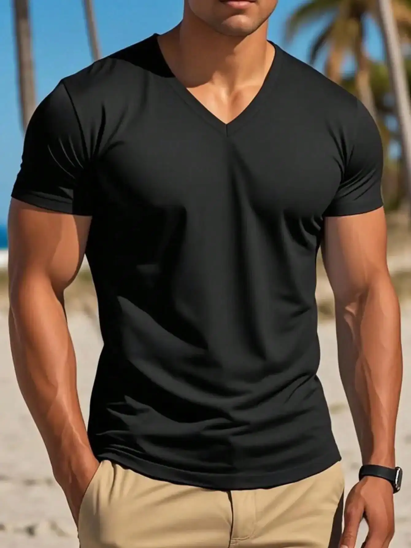 

Men's Black Solid V-Neck Short Sleeve T-Shirt for Casual Beach Wear