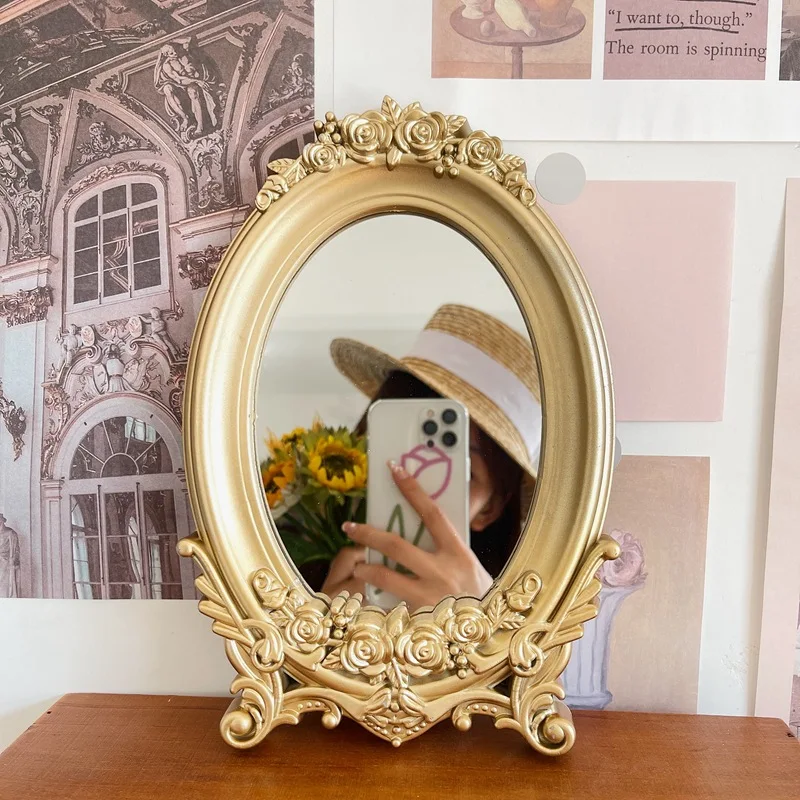 Retro Carving Frame Gold Mirror Home Decorative Mirror Bedroom Table Makeup Mirror Women Cosmetic Mirror Photography Props