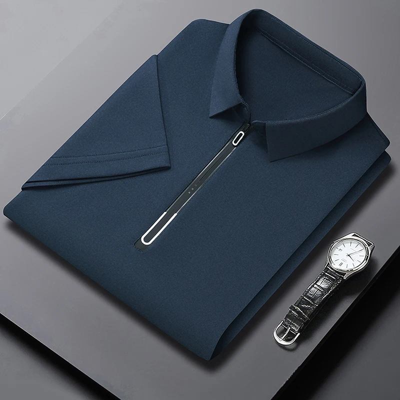 

Men's Zipper Lapel Short Sleeved T-shirt Men's Business Casual Half Sleeved Shirt Summer Solid Color Ice Silk Polo Shirt