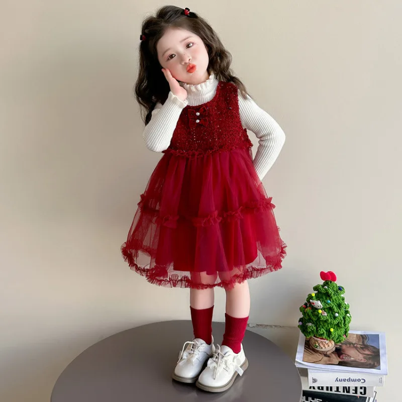 

Girls' New Year Atmosphere Dress with Fleece Lining, Children's Winter Outfit, Autumn and Winter Princess Dress, New Year Greeti