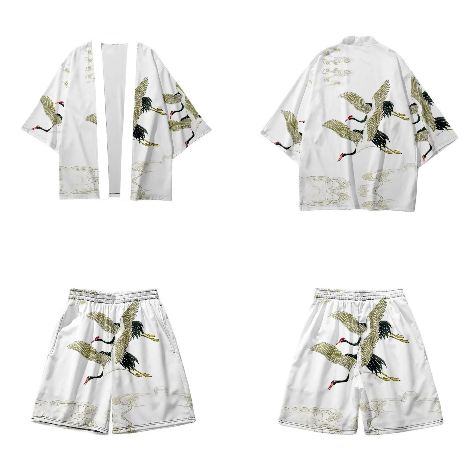 

Crane Printed White Couple Women Men Japanese Kimono Casual Loose Cardigan And Beach Shorts Set Asian Clothes Harajuku