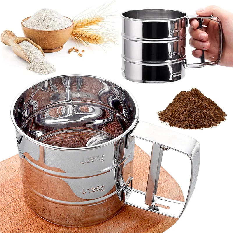 Stainless Steel Flour Sifter Cup Manual Shaker Sieve Cup For Baking Coffee One Hand Press Flour Sifter With Scale Cake Tool