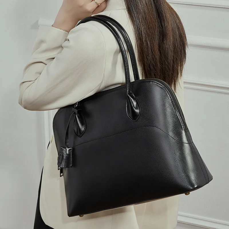 Luxury Handmade Genuine Swift Leather Shell Tote Bag Large Capacity Bowling Style Handbag for Women