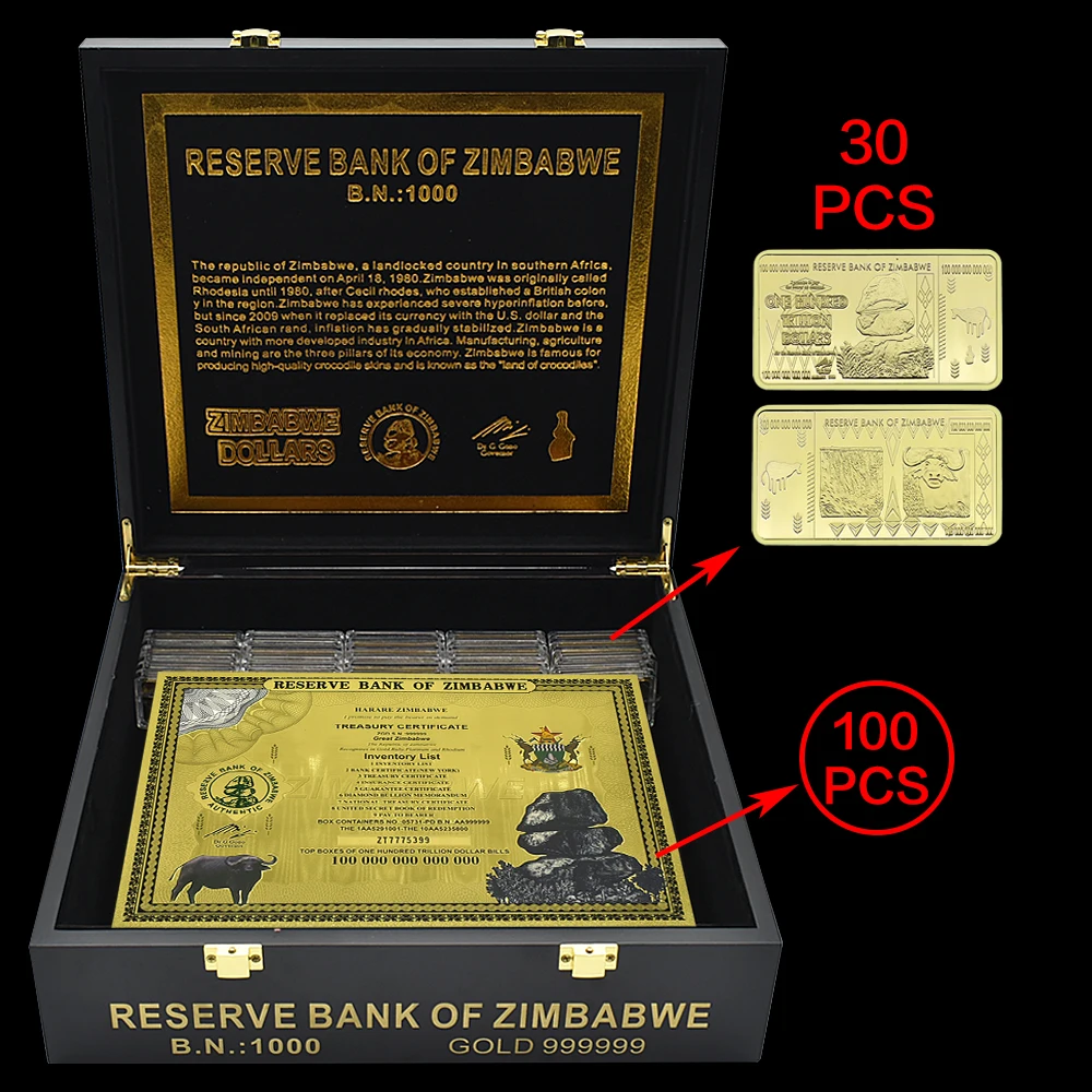 100Pcs/Box Zimbabwe Certificate Banknotes One Hundred Trillion Dollars Bills Continuous Serial Number Coding with 30pcs Gold Bar