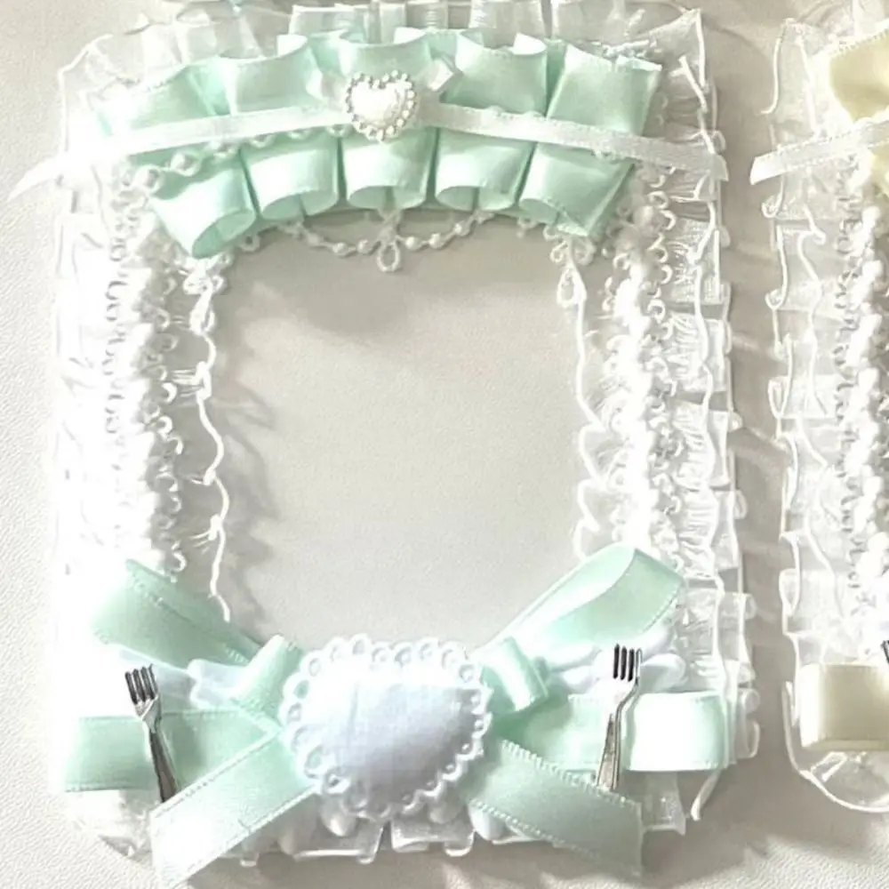 Lace Ruffles Photocard Holder Faux Pearl Heart Decoration Collectible Card Holder Clear Sleeve Satin Ribbon