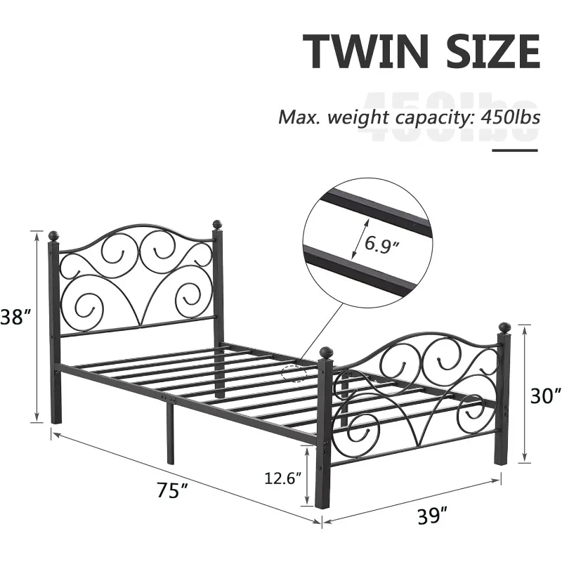 Twin Size Bed Frame with Headboard and Footboard, Heavy Duty Metal Slat Support, Platform Mattress Foundation