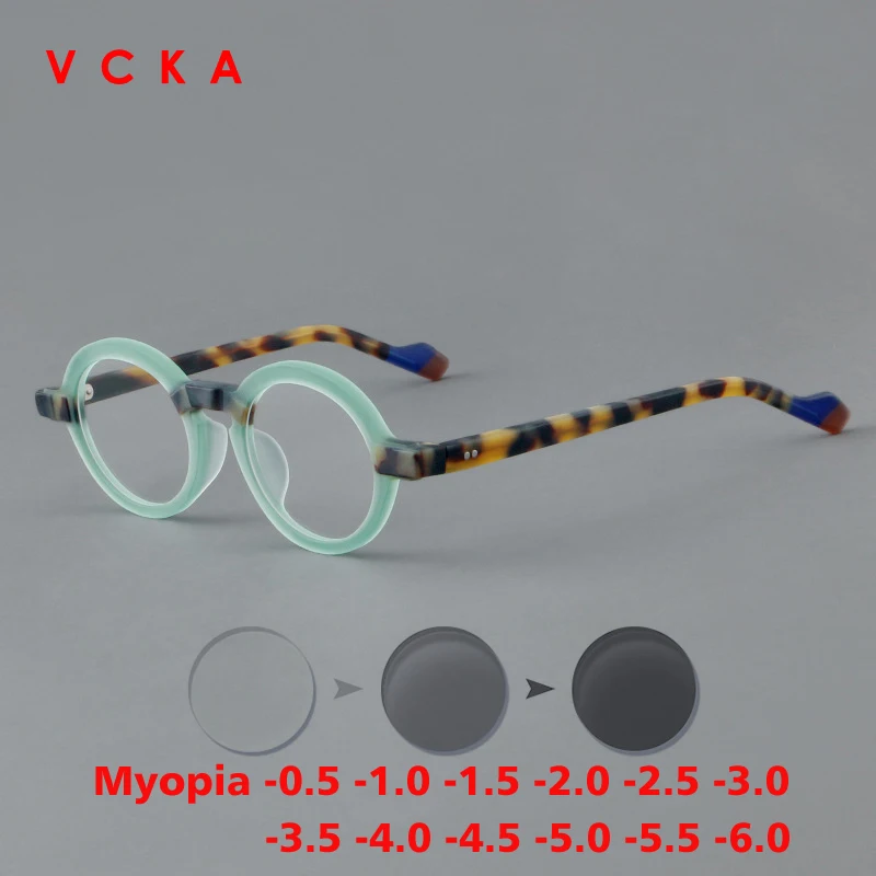 VCKA Round Acetate Myopia Anti-blue light Eyeglass Scrub Frame Men Women  Optical Prescription Discolor Glasses -0.50 to -6.0