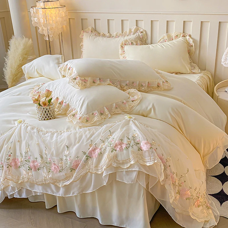 Lace Style Duvet Cover with Pillowcase Embroidered Quilt Cover Set Girls Room Bedding Skin-friendly Comforter Cover 이불커버