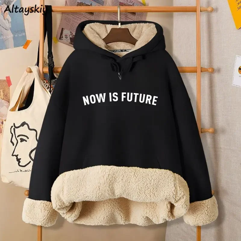 Thicken Hoodies Women Winter Clothes Print Chic Warm Japanese Style Hooded Casual Plus Velvet Popular Harajuku Loose Students