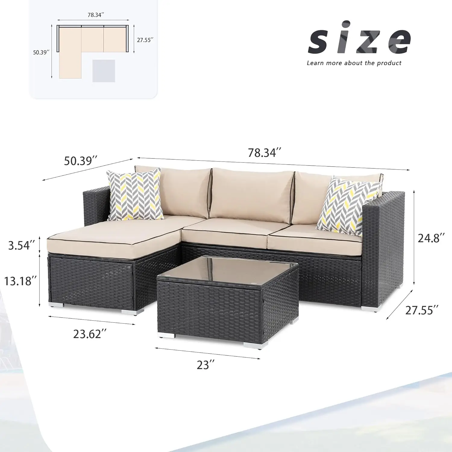 All-Weather Rattan sofá secional com mesa de chá e almofadas, Upgrade Outdoor Patio Móveis Sets, 3 PCs, várias cores