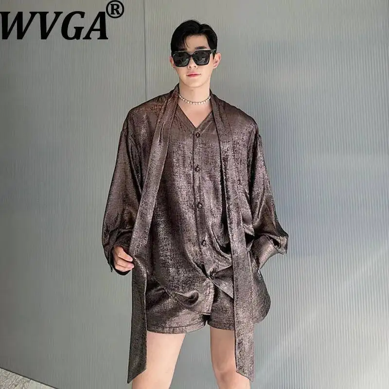 

WVGA Summer New Men's High-end French V-neck Ribbon Trendy Long Sleeve Shirt Niche Chic Casual Shorts Two Pieces Sets Ins W23792