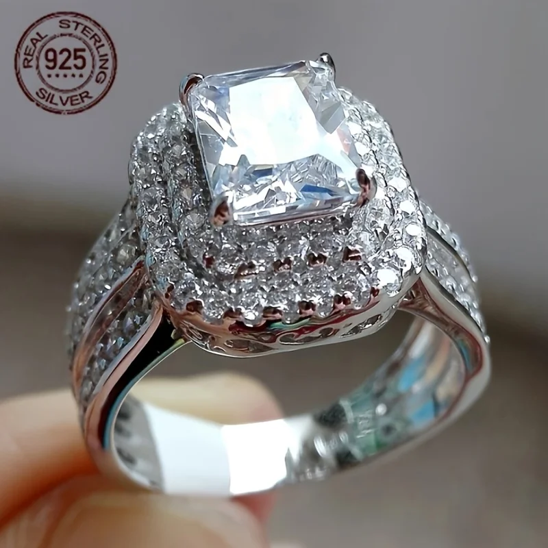 Fashion Large Rectangular 925 Sterling Silver Wedding Band Rings for Women 14K White Gold Plated Radiant Cut Halo Promise Ring