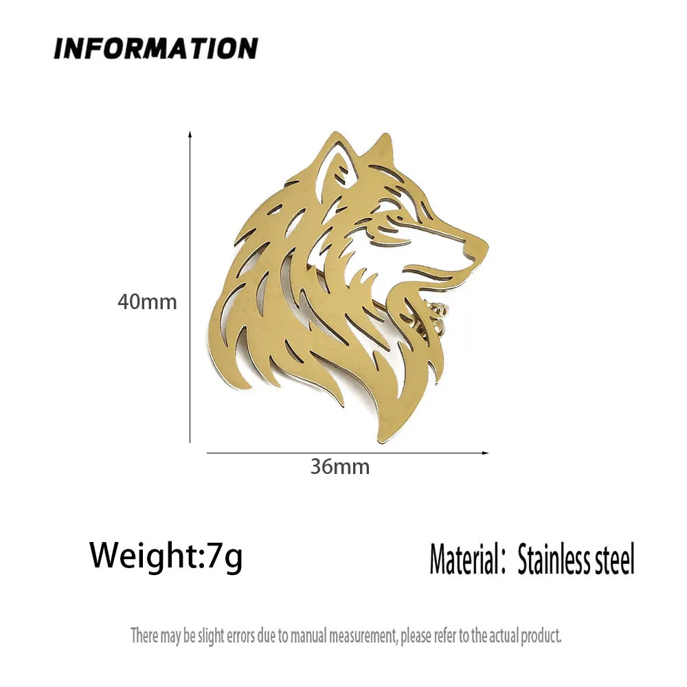 316L Stainless Steel Plated 18K Gold Side Profile Wolf Head Hollow‑Out Brooch Lapel Pin for Jacket Backpack Unisex Jewelry Gift