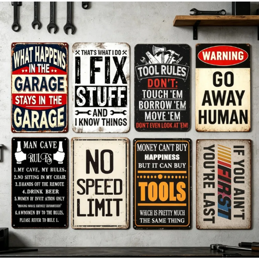 CIFBUY 8Pcs Vintage Garage Sign Set Funny Mechanic Tool Quote Metal Tin Signs for Man Cave Workshop Bar Wall Decor Gift