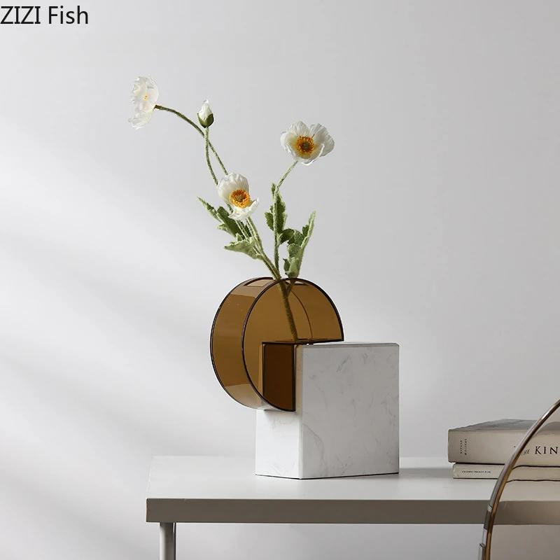 Acrylic Marble Vase Flower Vessels Ornament Desktop Decorative Vases Flower Arrangement Dried Flower Vase Hydroponic Vases