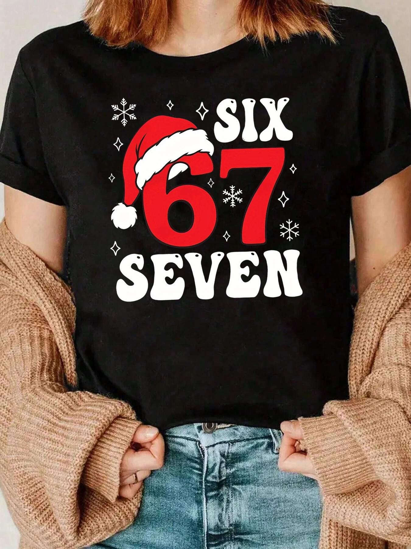 Six Six Seven Christmas Print T Shirt Holiday Casual Wear Women 220g