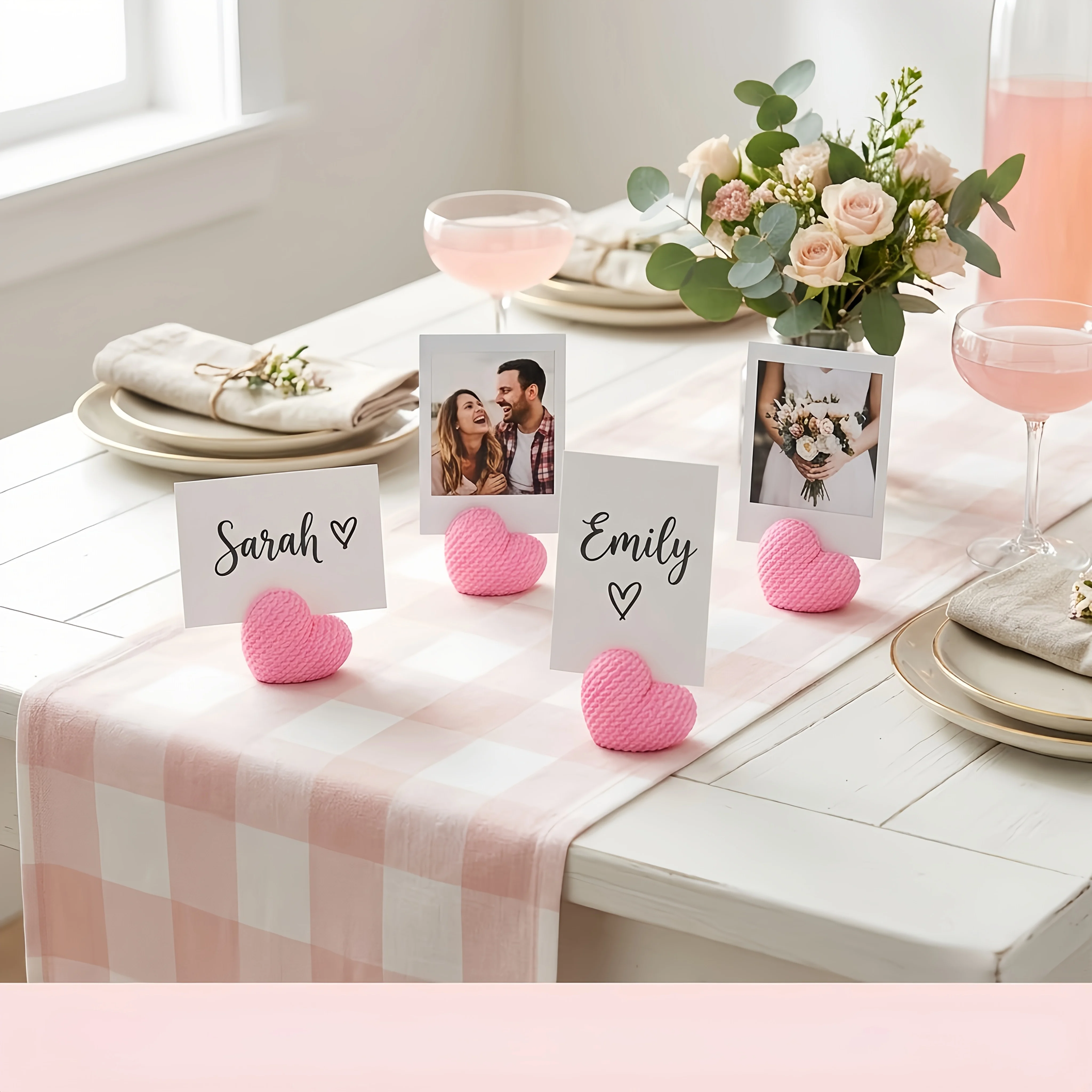 4pcs Card Holder Sakura Pink Knitted Heart Textured Photo Stand Mini Heart Photo Display Cute Desktop Photo Holder Home Decor